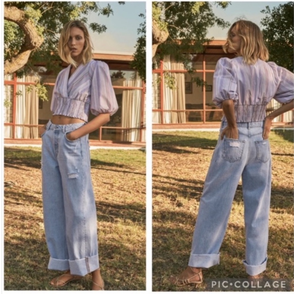ZARA Cuffed Hem Wide Leg Hard Denim Jeans - Picture 3 of 14